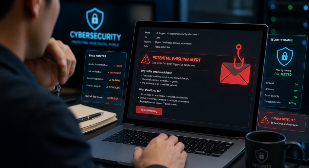 user checking if an email is real or fake on laptop with warning icons and security indicators