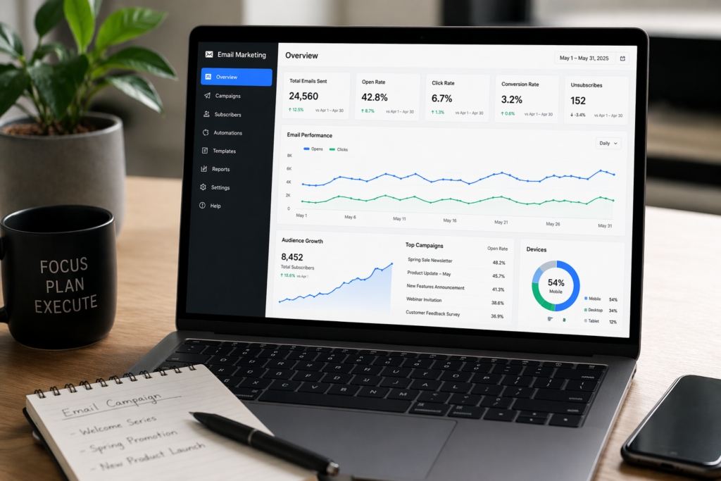 business email marketing dashboard showing subscriber growth, open rates, and engagement analytics