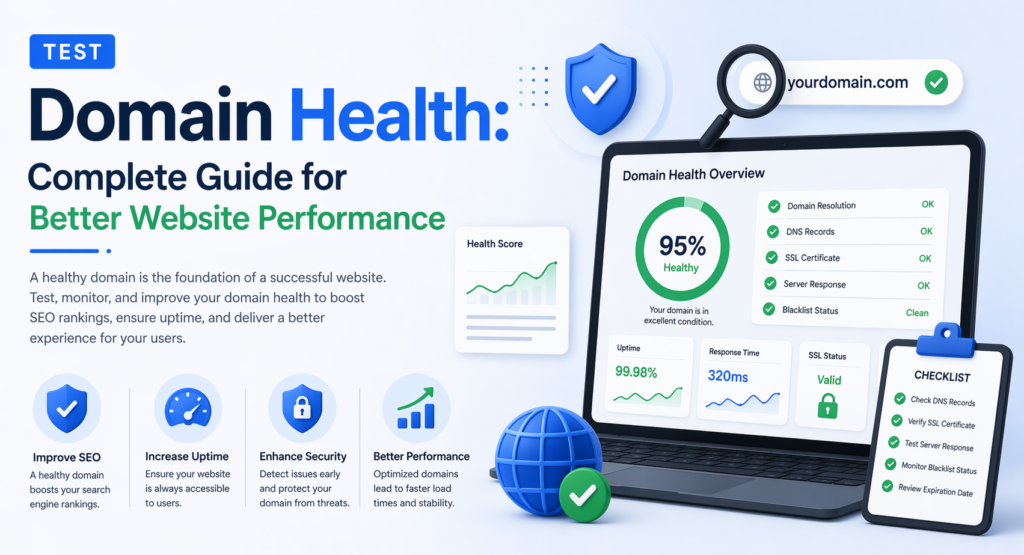 website domain health dashboard showing SEO score, uptime, security, and performance metrics