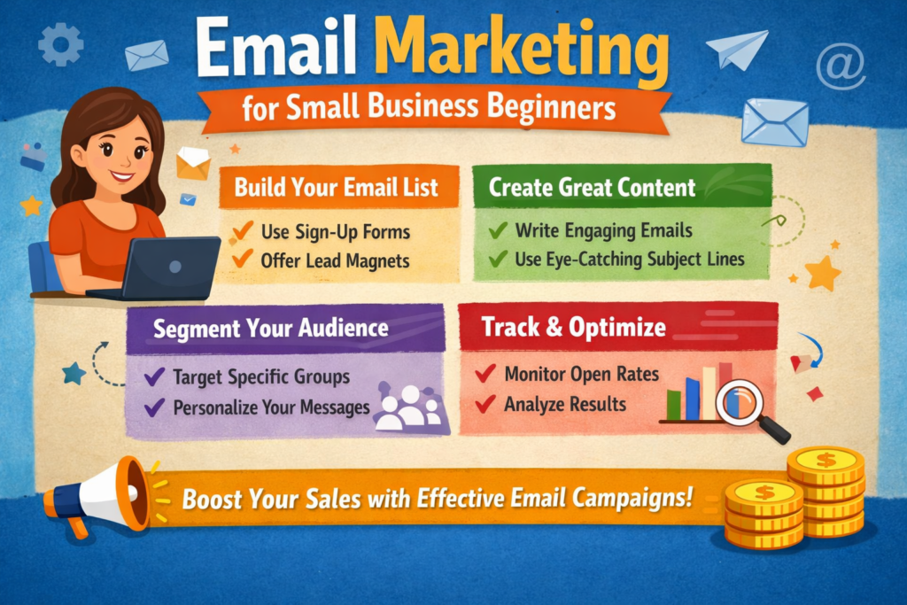 small business owner using email marketing dashboard with analytics and campaign results
