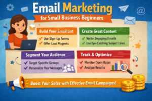 small business owner using email marketing dashboard with analytics and campaign results