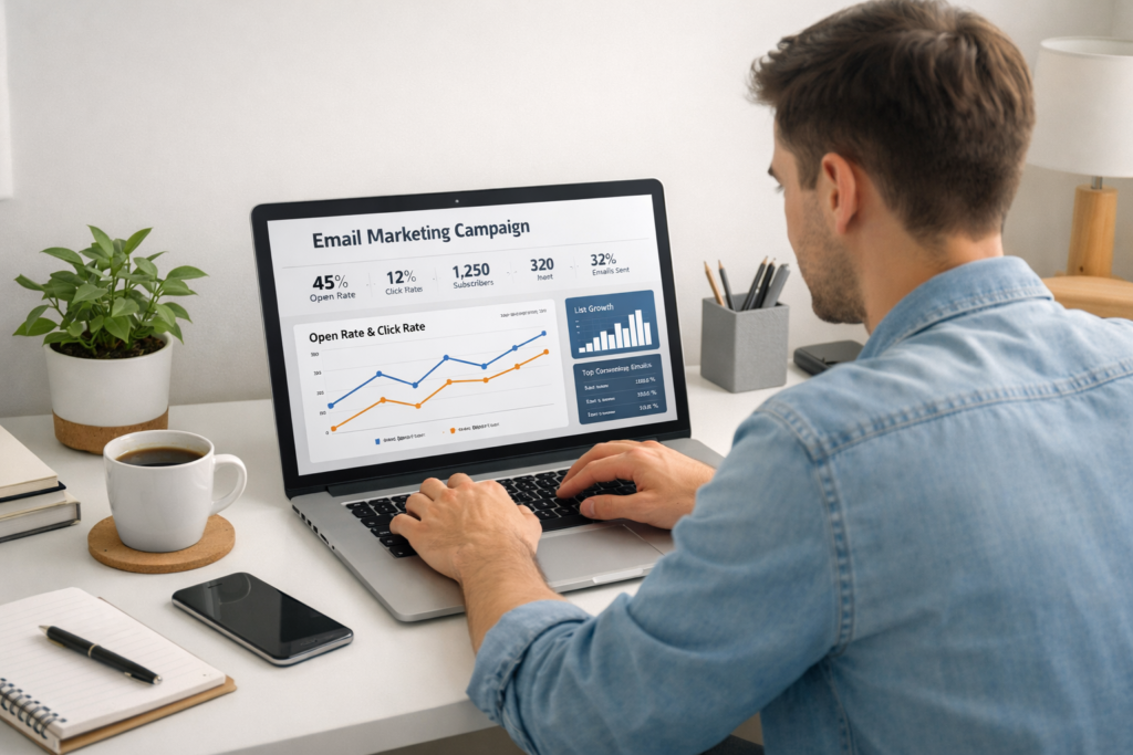 beginner setting up email marketing campaign on laptop with analytics dashboard