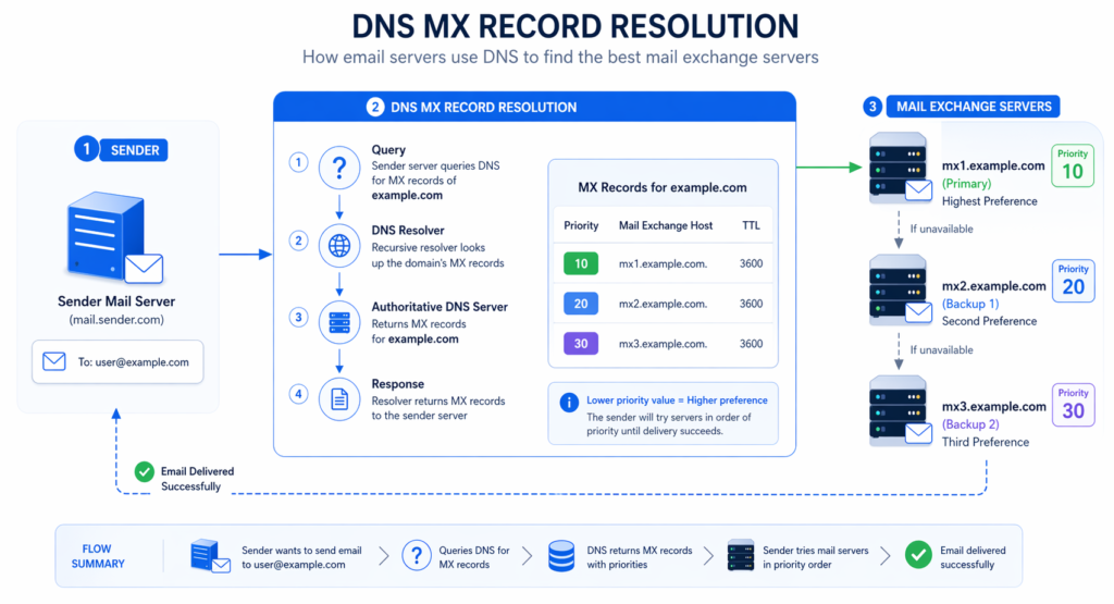 mail exchanger MX record DNS setup and email routing diagram
