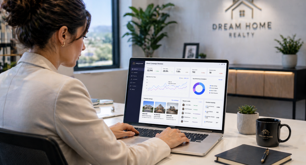 real estate email marketing dashboard with property listings and analytics on laptop screen