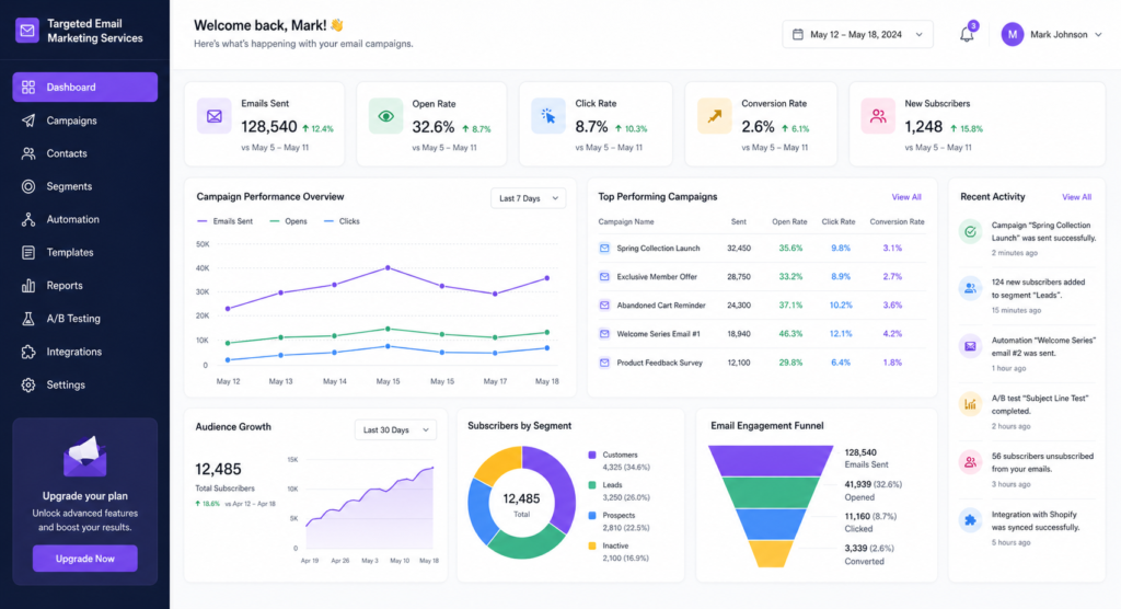 targeted email marketing services dashboard with analytics and segmentation