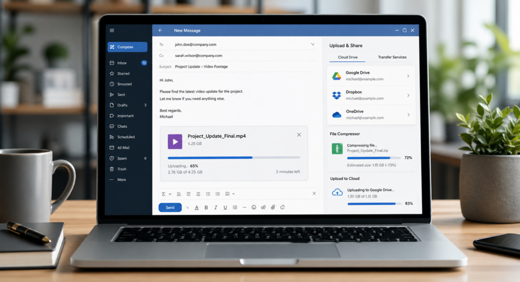 Sending a large video file through email using cloud storage and file transfer tools