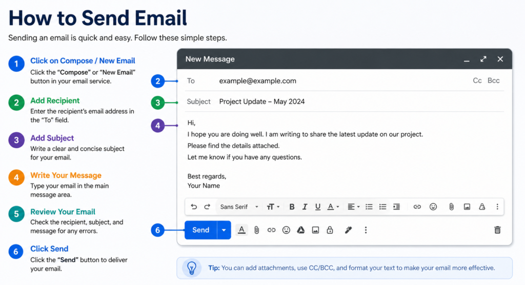 Sending an email using a laptop with compose window open