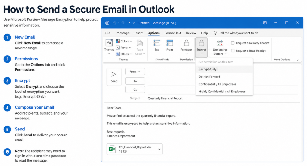 Secure email in Outlook with encryption and lock icon