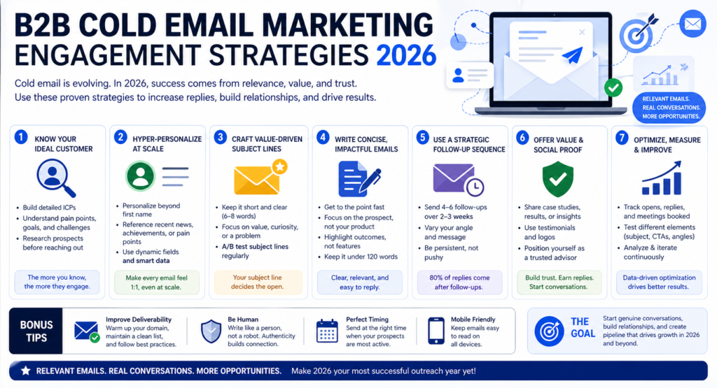 B2B cold email marketing dashboard with engagement metrics and outreach tools