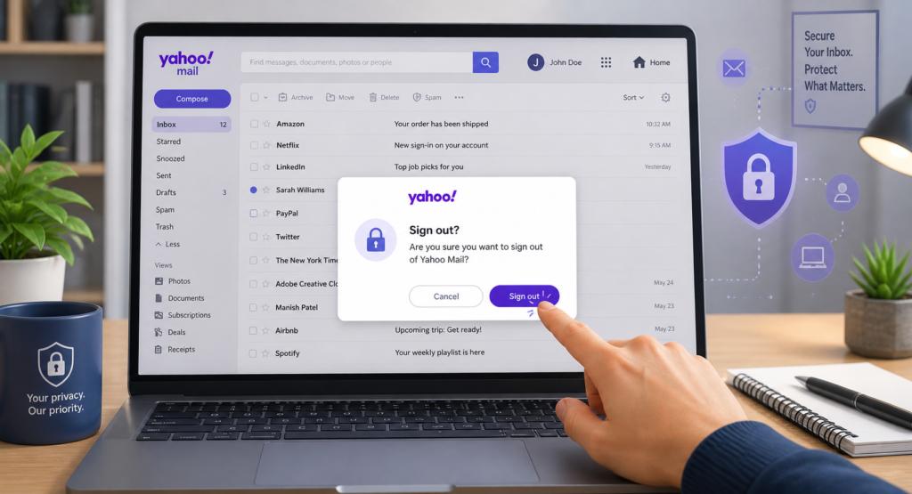 User signing out of Yahoo Mail account on laptop screen
