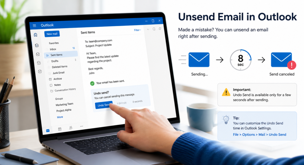 User attempting to unsend or recall an email in Outlook on laptop
