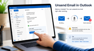 User attempting to unsend or recall an email in Outlook on laptop